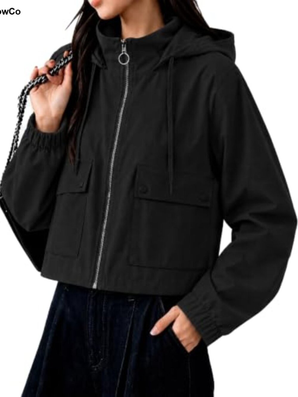 Cropped Military Anorak Jacket Hooded Utility Pockets Button Front